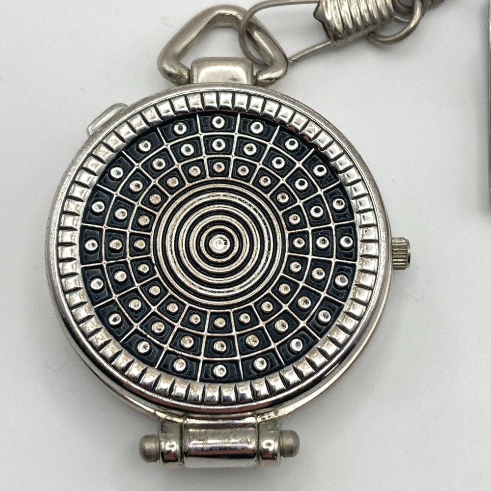 Milan Pocket Watch Silver Tone Black Modern Geometric 41mm w/Chain New Battery